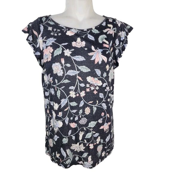 LOFT Womens Top Size XS 100% Linen Floral Short Flutter Sleeve Blue Round Neck - Picture 1 of 9